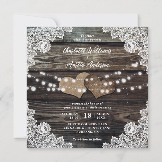 Invitation Country Wood Burlap Hearts Floral Lace Mariage (Devant)