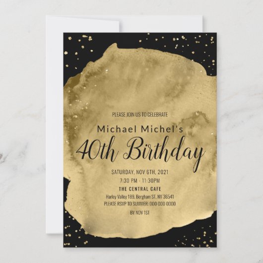 Invitation Coup de pinceau aquarelle dorée sur fond noir (Devant)