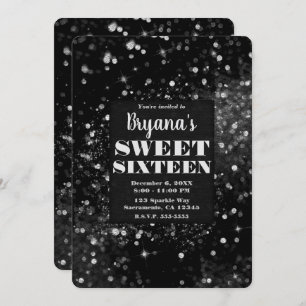 Invitation Coup d'éclat d'argent noir sur le glam Sweet 16