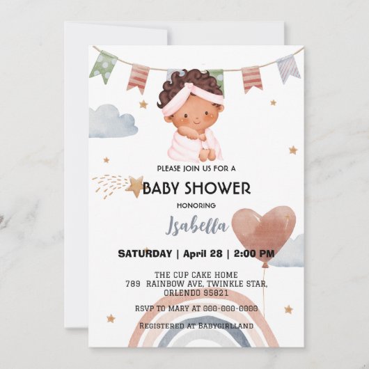 Invitation Coupe afro arc-en-ciel étoile ballon baby shower (Devant)