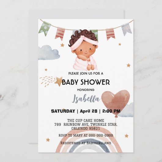 Invitation Coupe afro arc-en-ciel étoile ballon baby shower (Devant / Derrière)