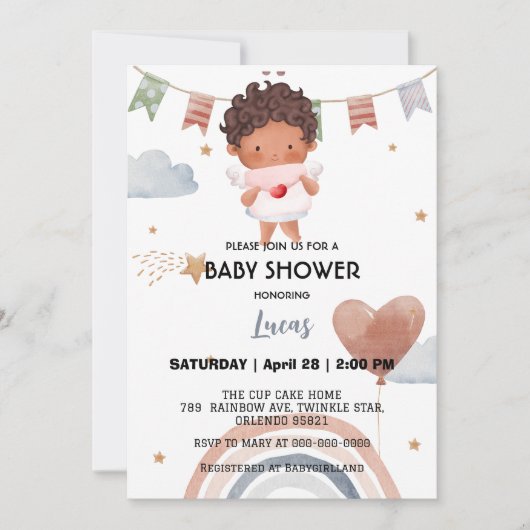 Invitation Coupe afro arc-en-ciel étoile ballon baby shower (Devant)
