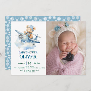 Invitation Coupe Bear Blue Plane Time Vol Un 1er anniversaire
