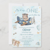 Invitation Coupe Bear Blue Plane Time Vol Un 1er anniversaire (Devant)