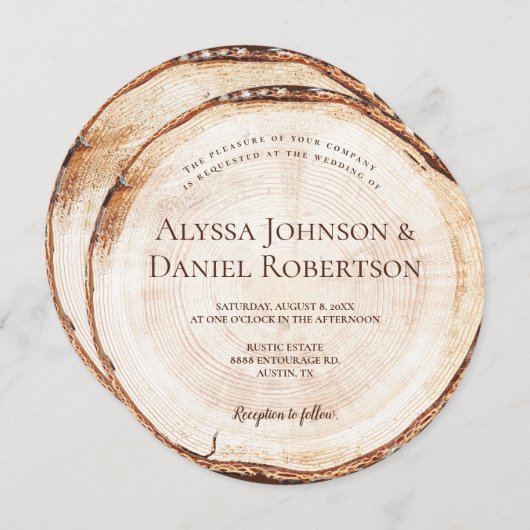 Invitation Coupe de bois Mariage rustique tranche unique pers (Devant / Derrière)