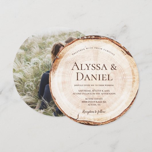 Invitation Coupe de bois Slice Photo personnalisée Mariage ru (Devant / Derrière)