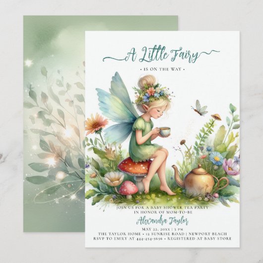 Invitation Coupe de Thé Fée Fleur sauvage Champagne Baby Girl (Devant / Derrière)