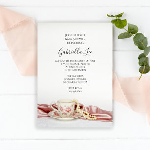Invitation Coupe de Thé Floral rose avec Baby shower Pearls