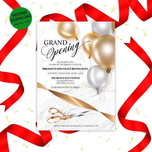 Invitation Coupe du ruban d'ouverture Grand Ballons d'argent