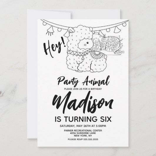 Invitation Coupe Llama Anniversaire de enfant Party Noir Blan (Devant)