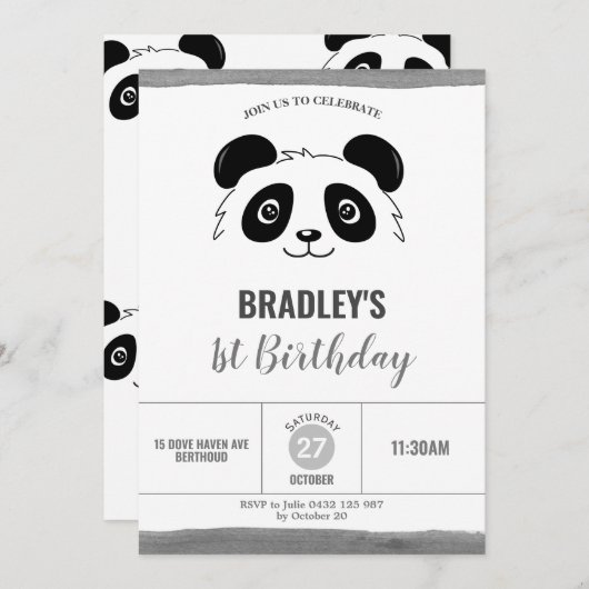 Invitation Coupe Panda, fête d'anniversaire Noir et Blanc (Devant / Derrière)