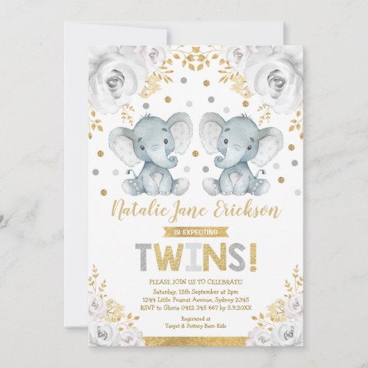 Invitation Coupe Twins Elephant Baby shower Albâtre Floral (Devant)