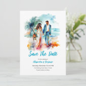 Invitation Couple à Beach Watercolor Mariage | Enregistrer La (Debout devant)