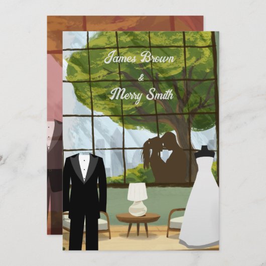 Invitation Couple Amoureux Arbre Maison Cosy Vue Mariage (Devant / Derrière)