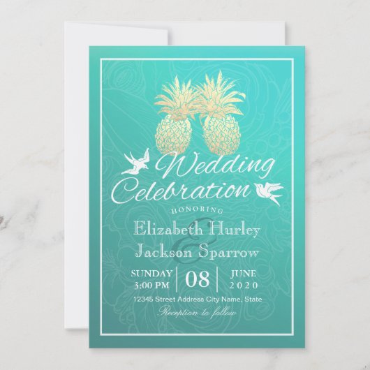 Invitation Couple d'ananas Turquoise en or (Devant)