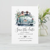 Invitation couple dans une voiture vintage aquarelle save the (Debout devant)