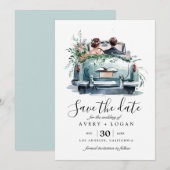 Invitation couple dans une voiture vintage aquarelle save the (Devant / Derrière)