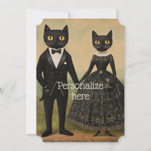 Invitation Couple de chats noirs art folklorique vintage goth