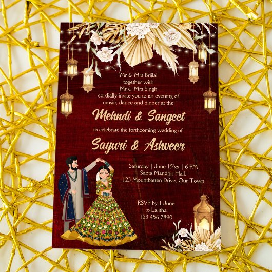 Invitation Couple de danseurs indiens marron Mehndi Sangeet 