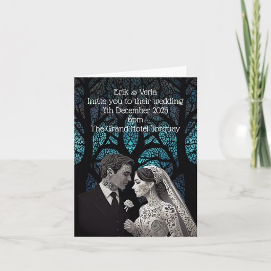 Invitation Couple de mariés en papier sur arbre de vie bleu (Devant)