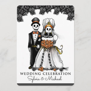 Invitation Couple de squelette noir blanc orange Halloween