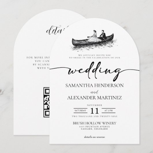 Invitation Couple en canoë avec code QR pour mariage (Devant / Derrière)