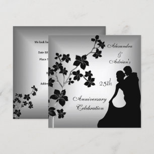 Invitation Couple floral d'argent noir asiatique du 25e anniv