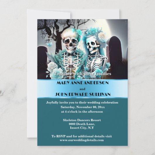 Invitation couple gothique aqua bleu squelette mariage (Devant)