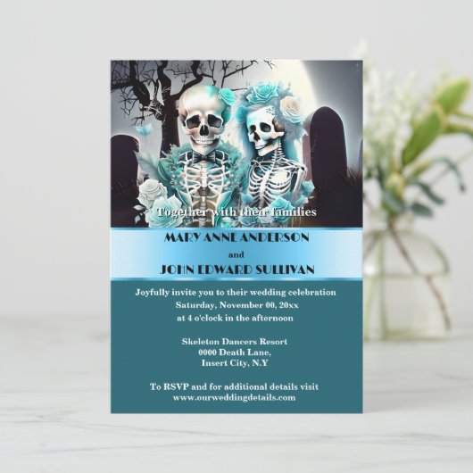 Invitation couple gothique aqua bleu squelette mariage (Debout devant)