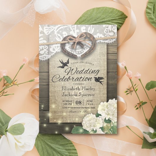 Invitation Couple Horseshoe Dentelle Coeur Bois Hydrangea Mar
