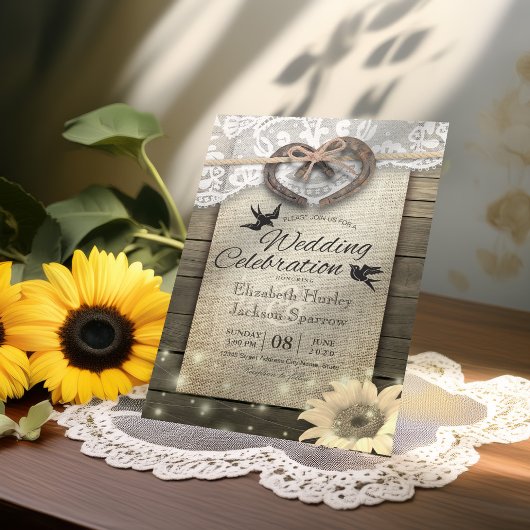 Invitation Couple Horseshoe Mariage de tournesol en bois dent