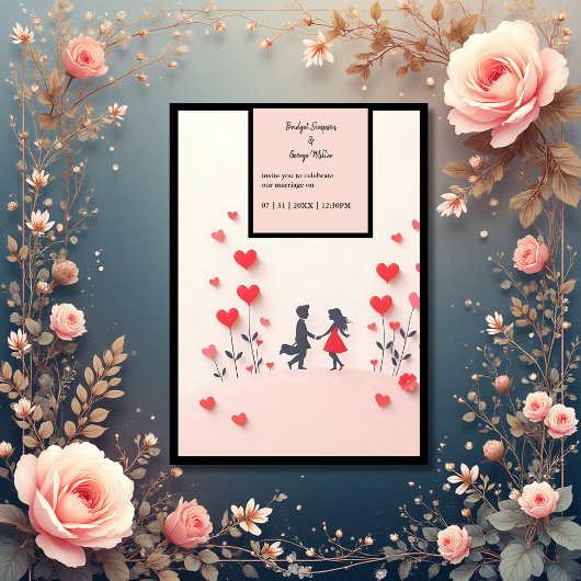 Invitation Couple romantique Silhouette coeur rouge mariage