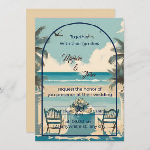 Invitation Couple sur la plage bleue avec mouettes