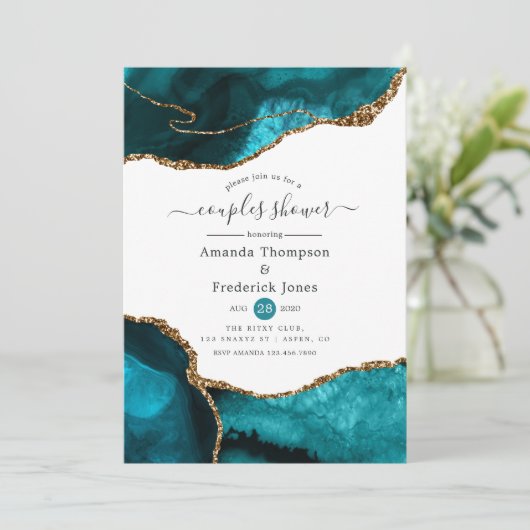 Invitation Couples Agate Turquoise et Or Douche (Debout devant)