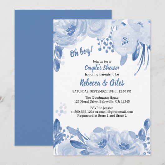 Invitation Couples Baby shower Dusty Blue Floral Aquarelle (Devant / Derrière)