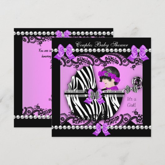 Invitation Couples Baby shower Girl Zebra Purple (Devant / Derrière)