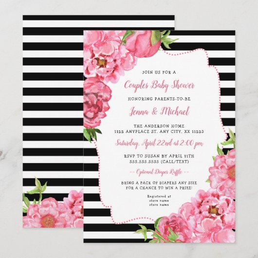 Invitation Couples Baby shower Invitation, rose noir floral (Devant / Derrière)