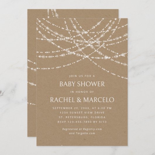Invitation Couples Baby shower String Lumières Kraft (Devant / Derrière)