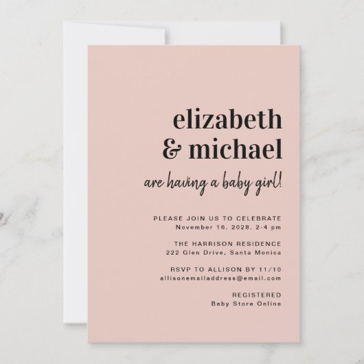 Invitation Couples Blush Moderne Minimal Bébé Fille Douche (Devant)
