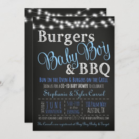 Invitation Couples Burger de lit bébé garçon BBQ Douche Invit (Devant / Derrière)