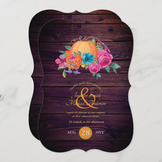 Invitation Couples Citrouilles rustiques Chute Fleurs d'aquar (Devant / Derrière)