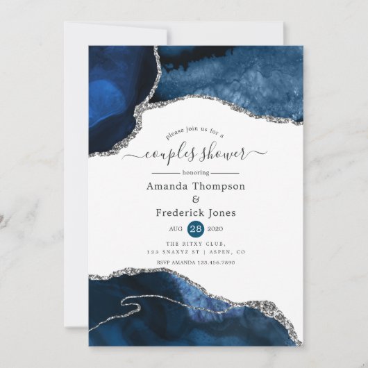 Invitation Couples d'agate marine et argent Douche (Devant)