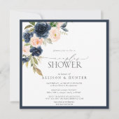 Invitation Couples d'aquarelle florale bleu marine et bleu cl (Devant)