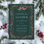 Invitation Couples de framboise rouge Douche vert<br><div class="desc">Cette élégante invitation à la douche en couple dispose d'une armature de baies rouge aquarelle avec un arc rouge charmant et une typographie élégante.</div>