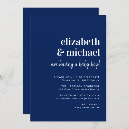 Invitation Couples de la marine moderne minimal bébé garçon d (Devant / Derrière)