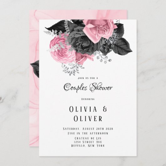Invitation Couples d'encre couleur rose et noire de luxe avec (Devant / Derrière)