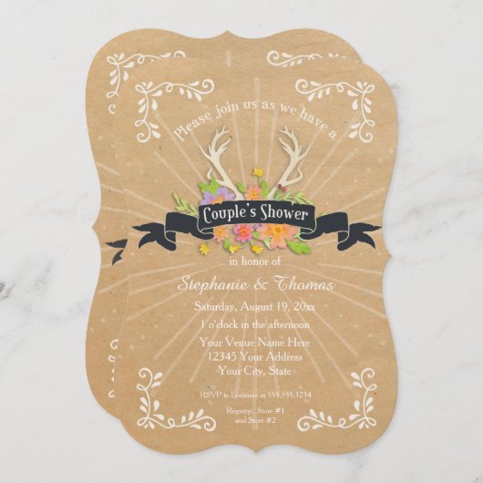 Invitation Couples Douche Antler Fleur sauvage Starburst Rust (Devant / Derrière)