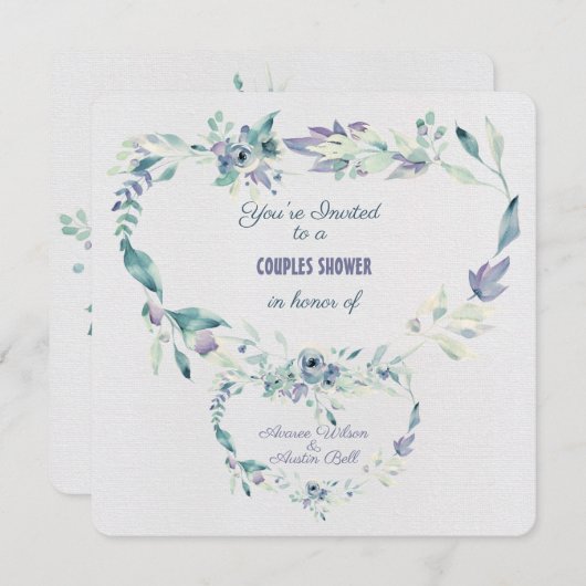 Invitation Couples Douche Aquarelle Bleu Fleurs Cadre (Devant / Derrière)