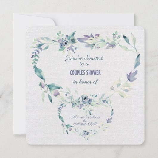 Invitation Couples Douche Aquarelle Bleu Fleurs Cadre (Devant)