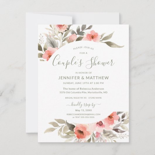 Invitation Couple's Douche Aquarelle Blush Rose Wreath (Devant)